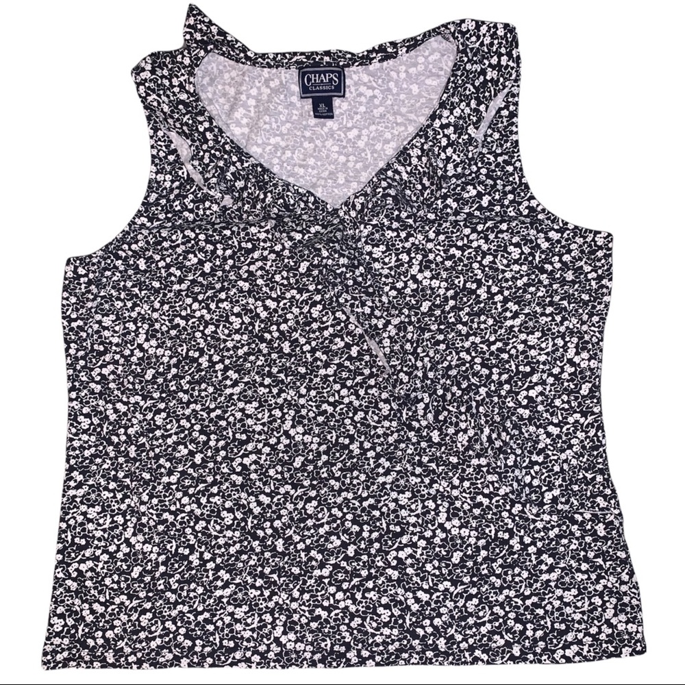 Chaps Dark Navy Blue & White Floral Ruffled Tank Top